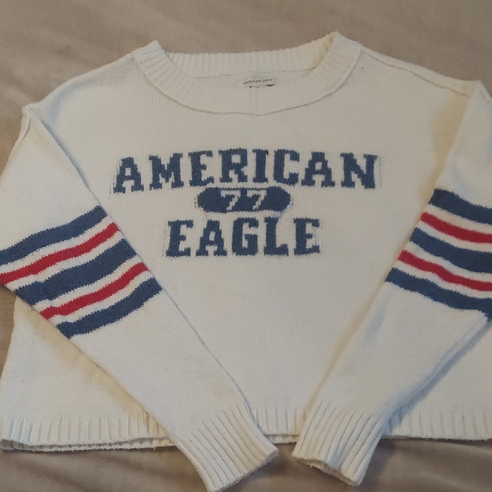 American Eagle Outfitters White Sweater with Blue and Red Stripes